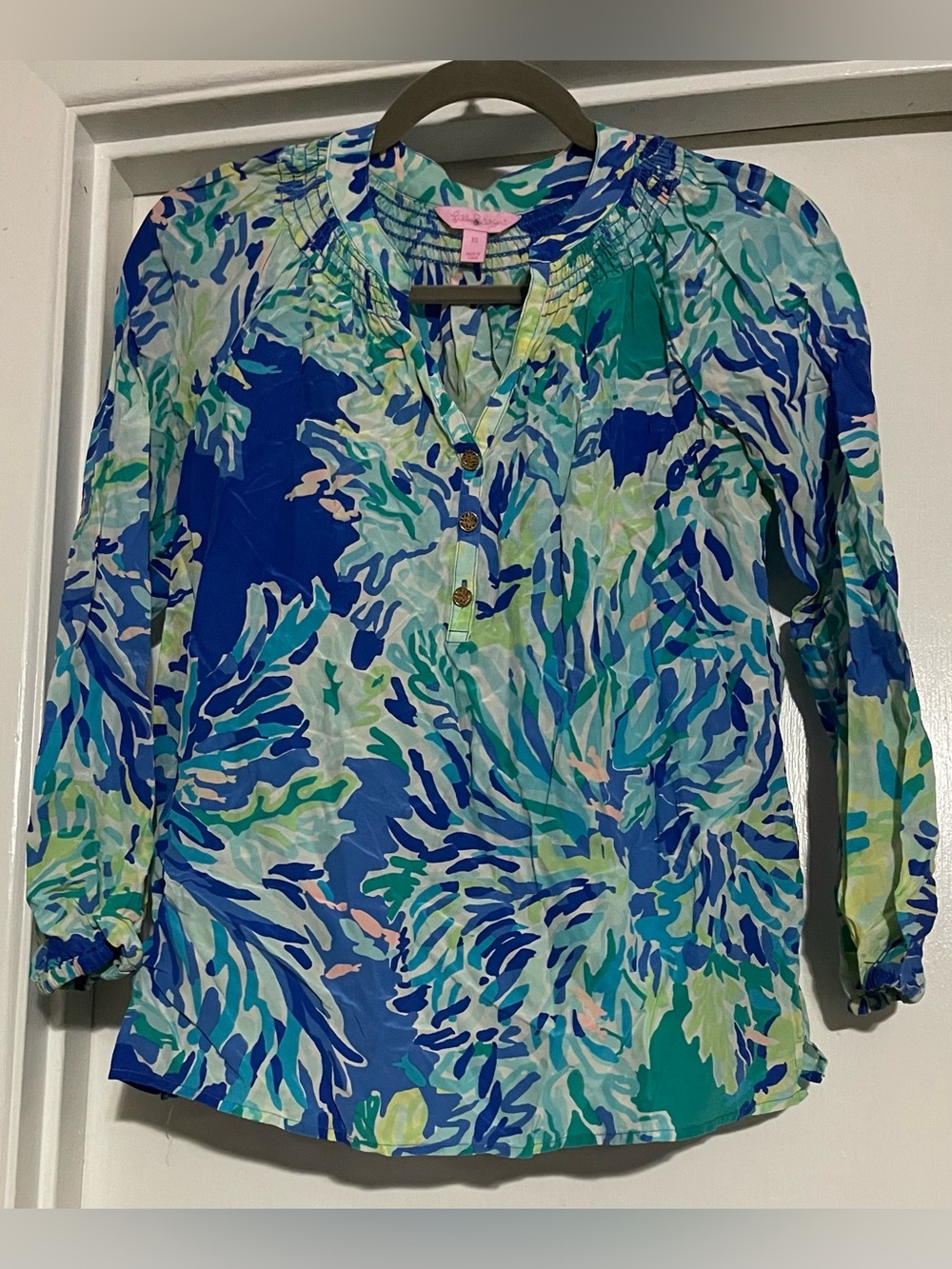 Lilly Pulitzer Elsa Leaf Tropical Silk Blouse Blue Green Tunic Shirt Top Size XS